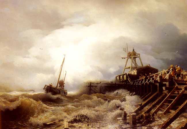 A Fishing Boat Caught In A Squall Off A 
                                    Jetty: Andreas Achenbach - Germany: 1815 - 1910